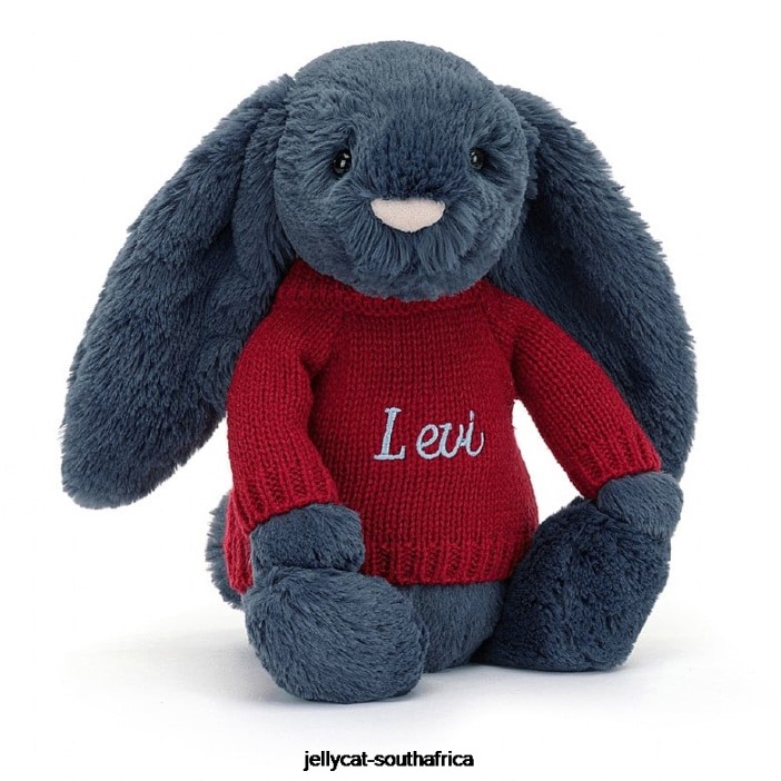 374 Toy Bashful Bunny with Personalised Red Jumper Navy Jellycat