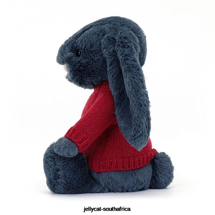 374 Toy Bashful Bunny with Personalised Red Jumper Navy Jellycat