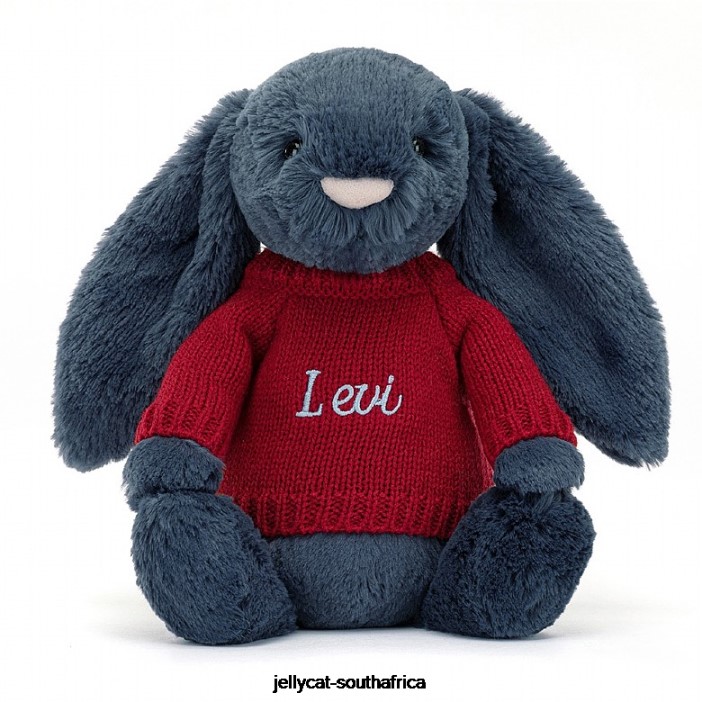 374 Toy Bashful Bunny with Personalised Red Jumper Navy Jellycat