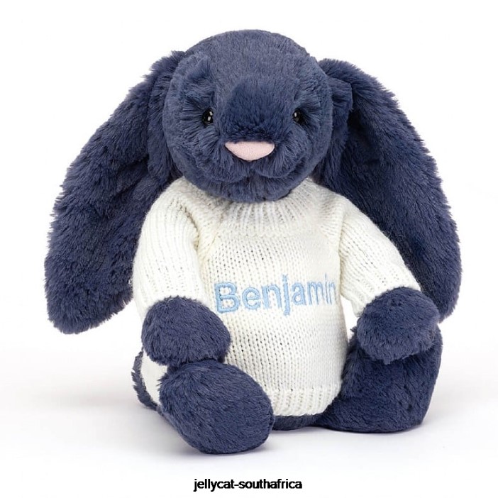 389 Toy Bashful Bunny with Personalised Cream Jumper Navy Jellycat