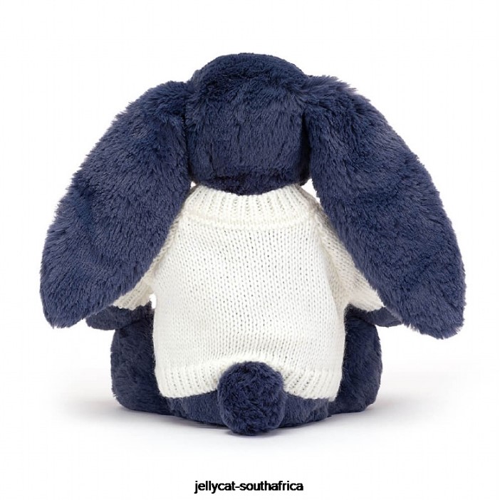 389 Toy Bashful Bunny with Personalised Cream Jumper Navy Jellycat