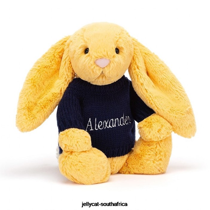 390 Toy Bashful Bunny with Personalised Navy Jumper Sunshine Jellycat