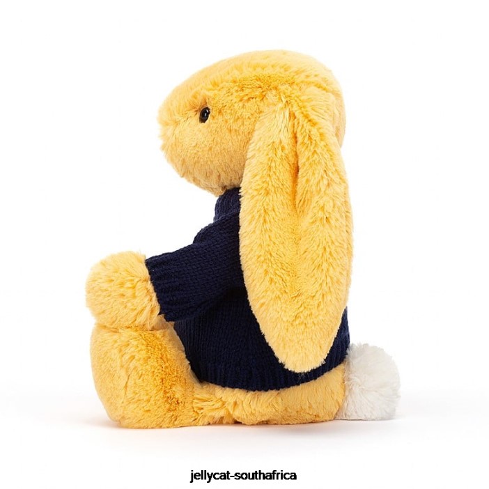 390 Toy Bashful Bunny with Personalised Navy Jumper Sunshine Jellycat