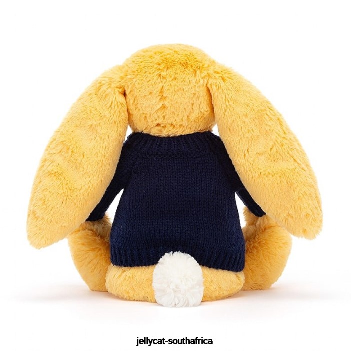 390 Toy Bashful Bunny with Personalised Navy Jumper Sunshine Jellycat