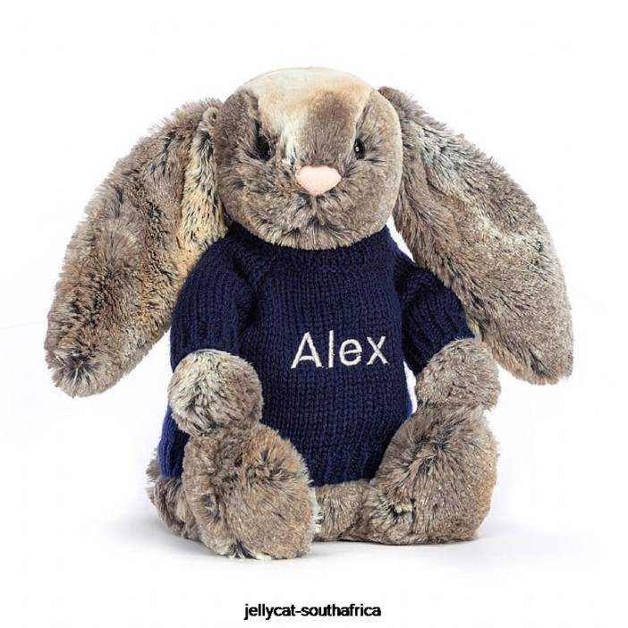 397 Toy Bashful Cottontail Bunny with Personalised Navy Jumper Grey Jellycat