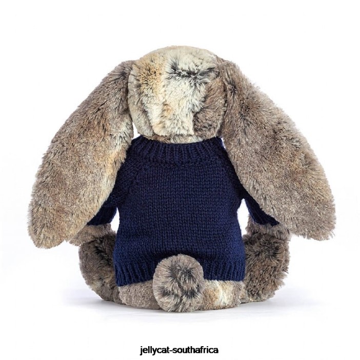 397 Toy Bashful Cottontail Bunny with Personalised Navy Jumper Grey Jellycat
