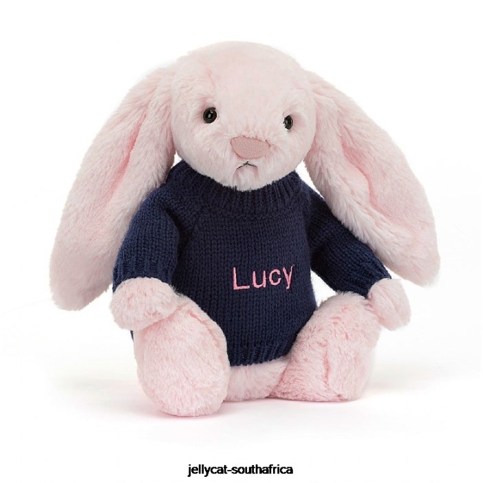 398 Toy Bashful Pink Bunny with Personalised Navy Jumper Baby Pink Jellycat