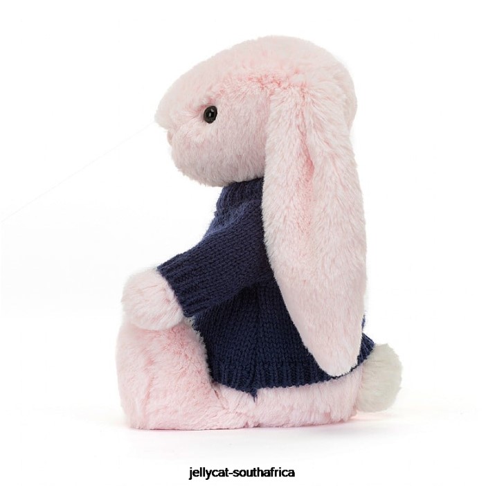 398 Toy Bashful Pink Bunny with Personalised Navy Jumper Baby Pink Jellycat