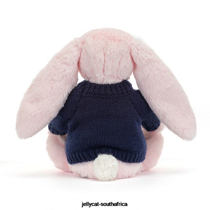 398 Toy Bashful Pink Bunny with Personalised Navy Jumper Baby Pink Jellycat