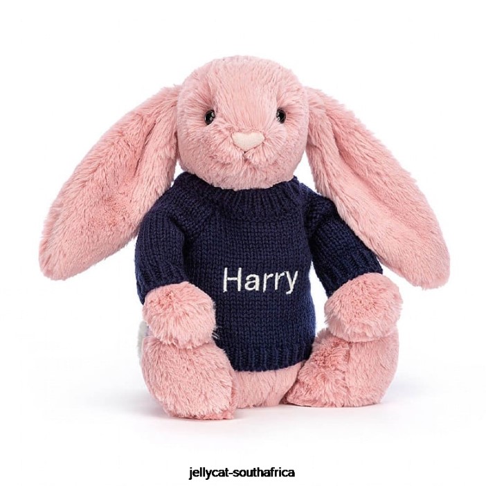 413 Toy Bashful Petal Bunny with Personalised Navy Jumper Sorbet Pink Jellycat