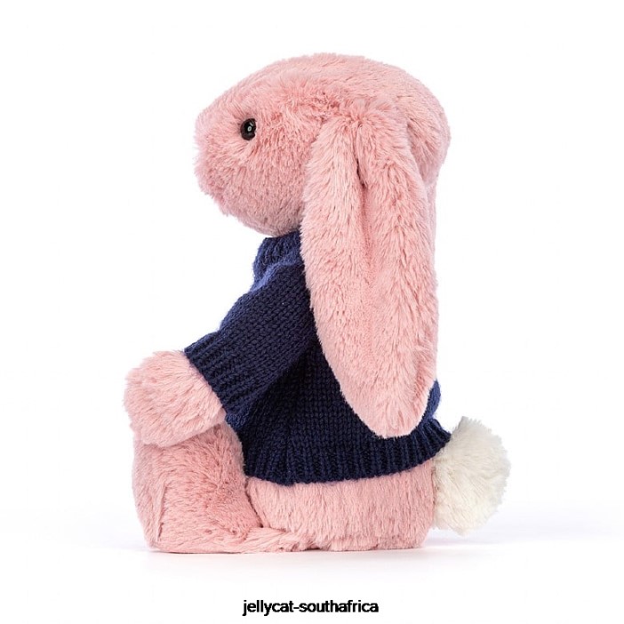 413 Toy Bashful Petal Bunny with Personalised Navy Jumper Sorbet Pink Jellycat