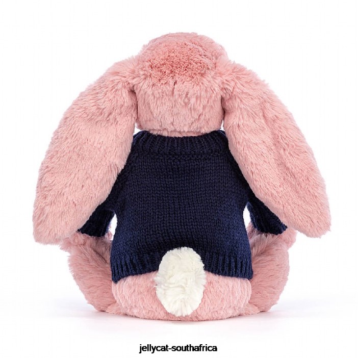 413 Toy Bashful Petal Bunny with Personalised Navy Jumper Sorbet Pink Jellycat