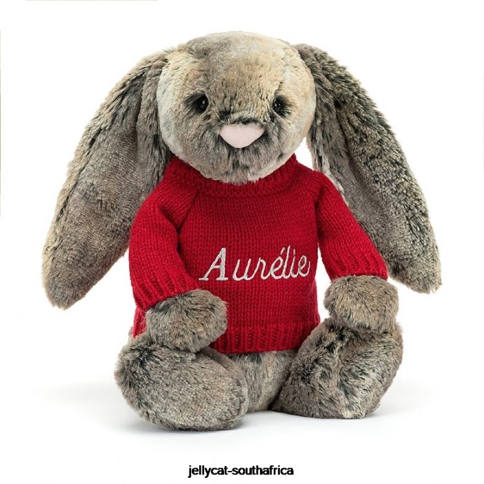 414 Toy Bashful Cottontail Bunny with Personalised Red Jumper Grey Jellycat