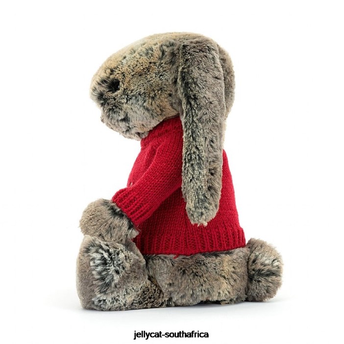 414 Toy Bashful Cottontail Bunny with Personalised Red Jumper Grey Jellycat