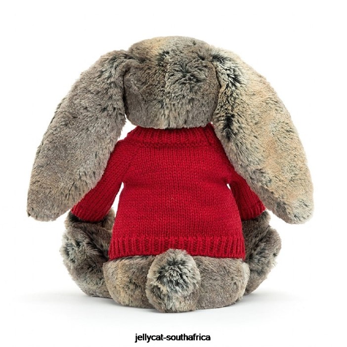 414 Toy Bashful Cottontail Bunny with Personalised Red Jumper Grey Jellycat