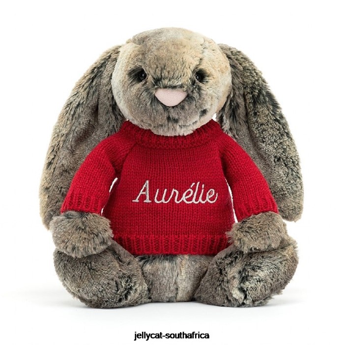 414 Toy Bashful Cottontail Bunny with Personalised Red Jumper Grey Jellycat