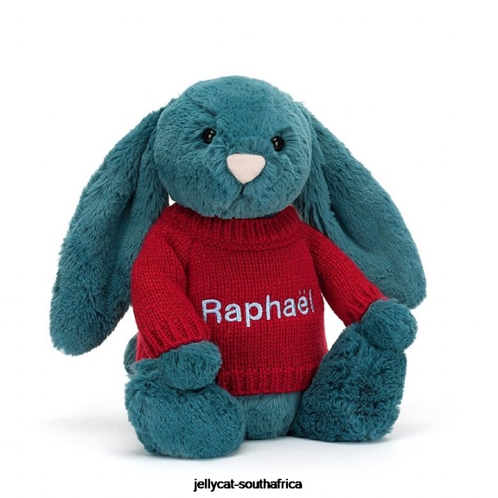 415 Toy Bashful Mineral Blue Bunny with Personalised Red Jumper Colbalt Blue Jellycat