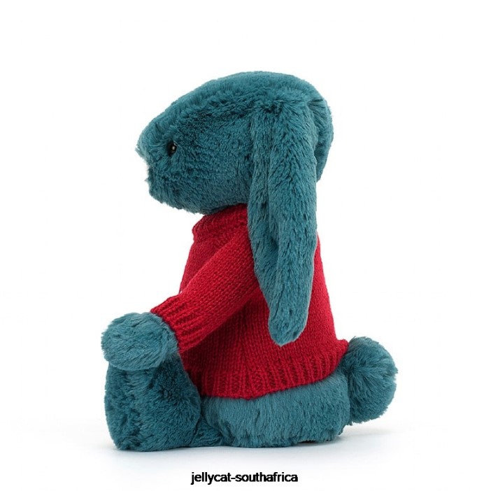 415 Toy Bashful Mineral Blue Bunny with Personalised Red Jumper Colbalt Blue Jellycat