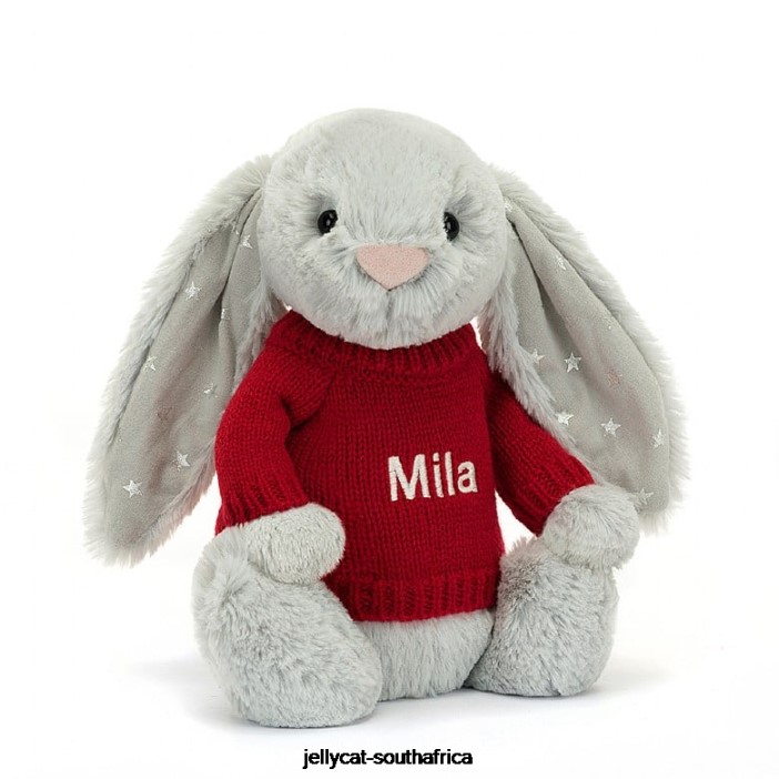 416 Toy Bashful Shimmer Bunny with Personalised Red Jumper Grey Jellycat