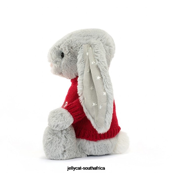 416 Toy Bashful Shimmer Bunny with Personalised Red Jumper Grey Jellycat
