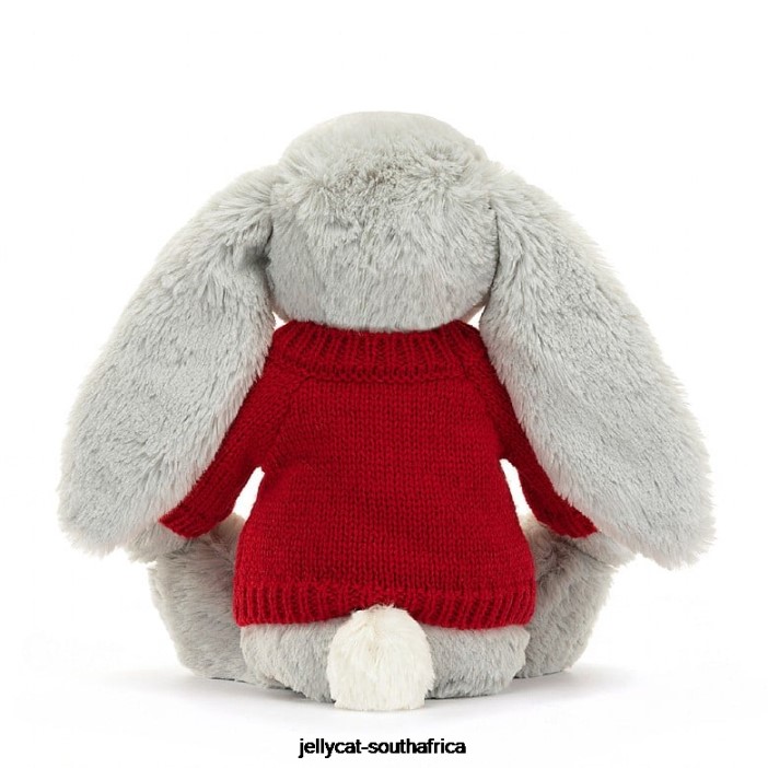 416 Toy Bashful Shimmer Bunny with Personalised Red Jumper Grey Jellycat