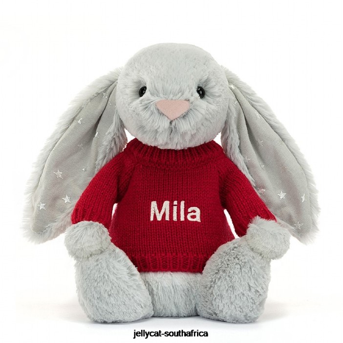 416 Toy Bashful Shimmer Bunny with Personalised Red Jumper Grey Jellycat