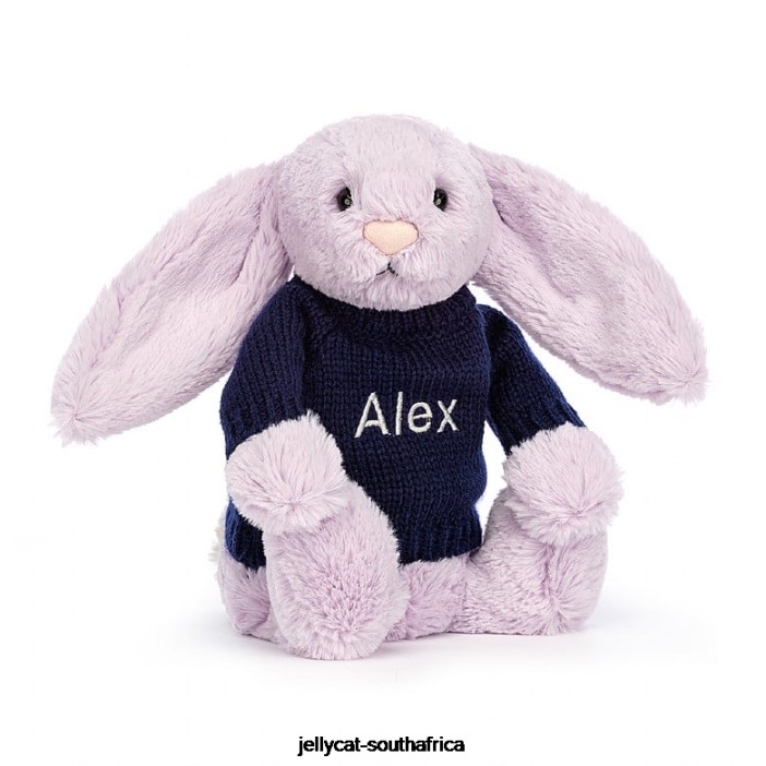 453 Toy Bashful Bunny with Personalised Navy Jumper Lilac Jellycat
