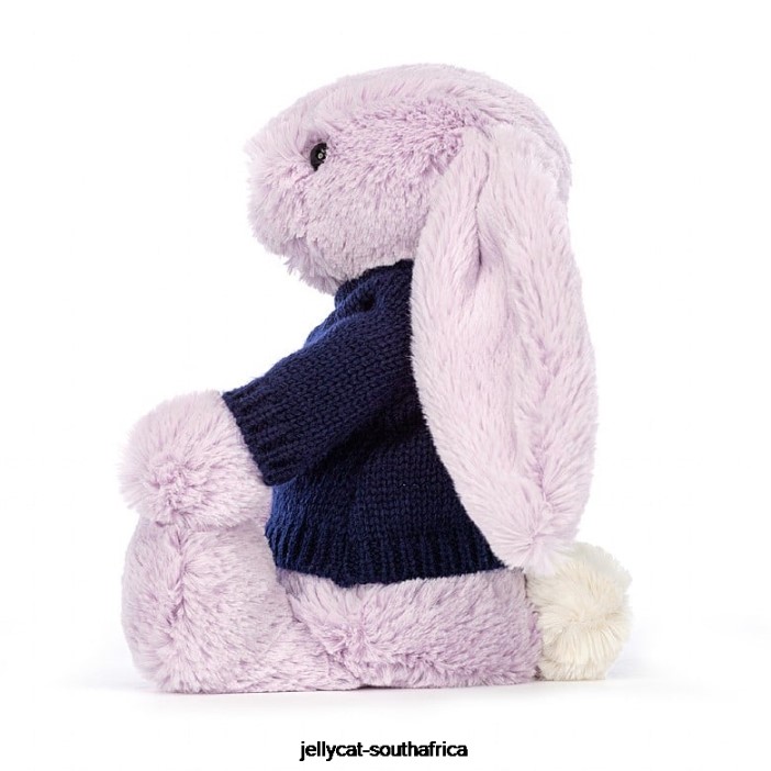 453 Toy Bashful Bunny with Personalised Navy Jumper Lilac Jellycat