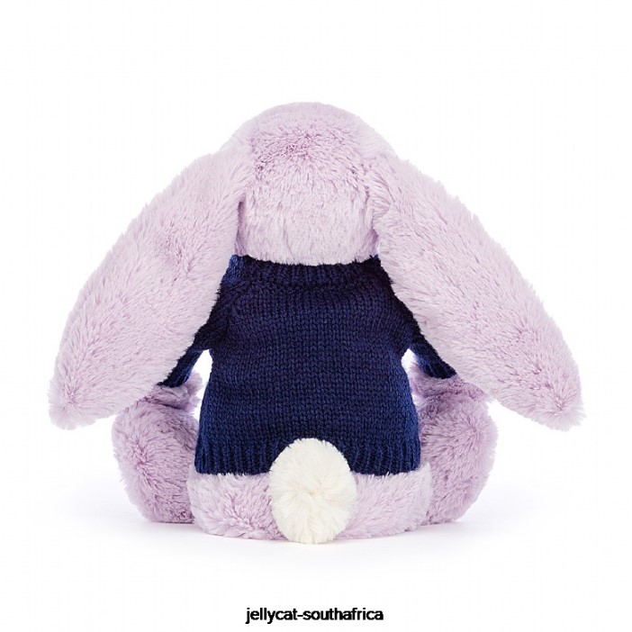 453 Toy Bashful Bunny with Personalised Navy Jumper Lilac Jellycat