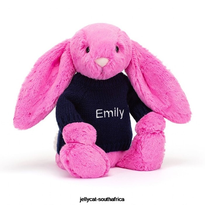 470 Toy Bashful Bunny with Personalised Navy Jumper Hot Pink Jellycat