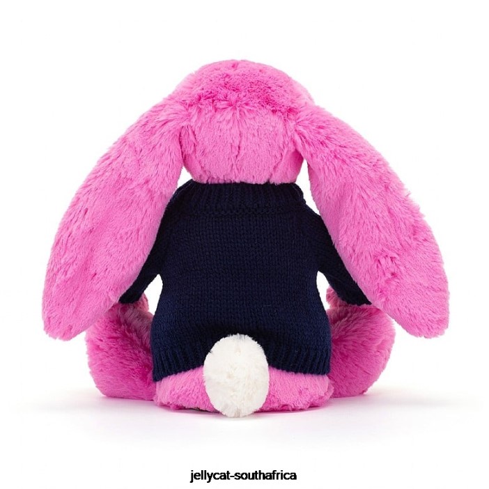 470 Toy Bashful Bunny with Personalised Navy Jumper Hot Pink Jellycat