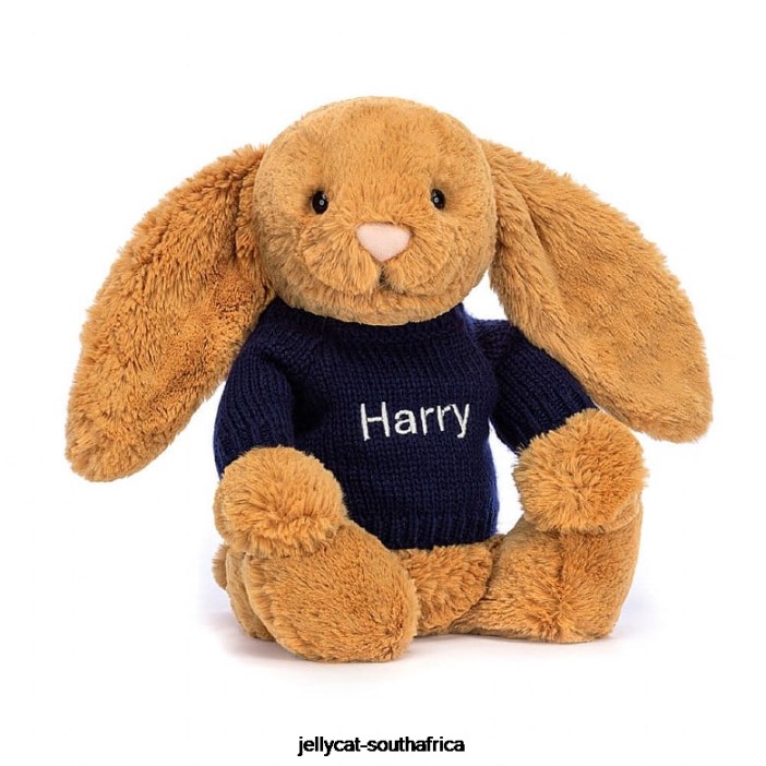 471 Toy Bashful en Bunny with Personalised Navy Jumper Gold Jellycat