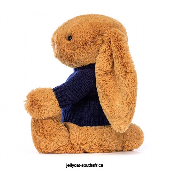 471 Toy Bashful en Bunny with Personalised Navy Jumper Gold Jellycat