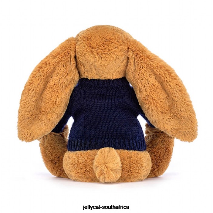 471 Toy Bashful en Bunny with Personalised Navy Jumper Gold Jellycat