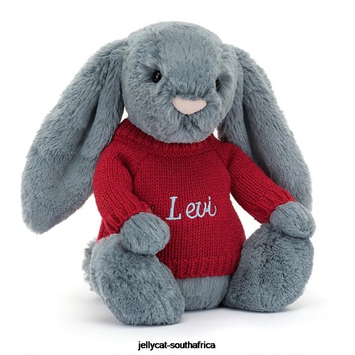 473 Toy Bashful Dusky Bunny with Personalised Red Jumper Blue Jellycat