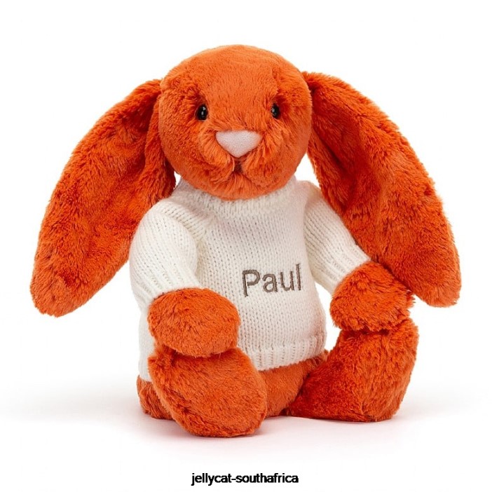 504 Toy Bashful Tangerine Bunny with Personalised Cream Jumper Orange Jellycat