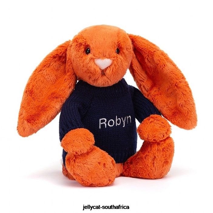 508 Toy Bashful Tangerine Bunny with Personalised Navy Jumper Orange Jellycat