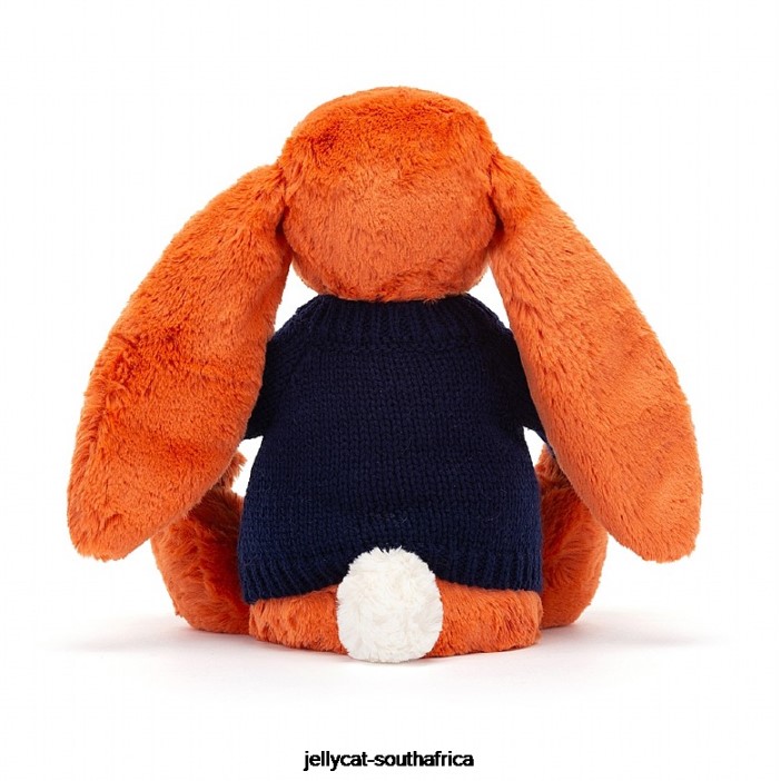508 Toy Bashful Tangerine Bunny with Personalised Navy Jumper Orange Jellycat