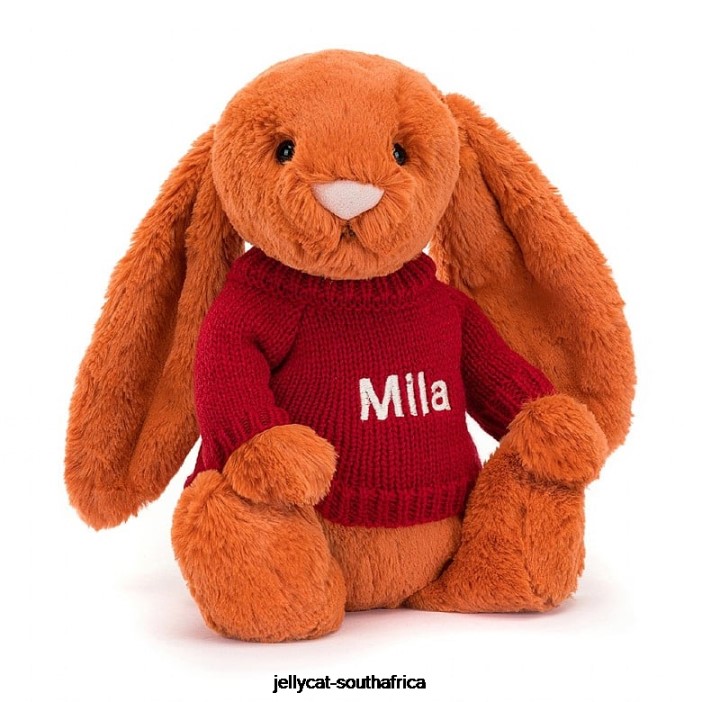 509 Toy Bashful Tangerine Bunny with Personalised Red Jumper Orange Jellycat