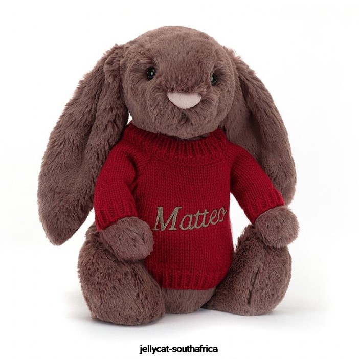 511 Toy Bashful Fudge Bunny with Personalised Red Jumper Chocolate Jellycat