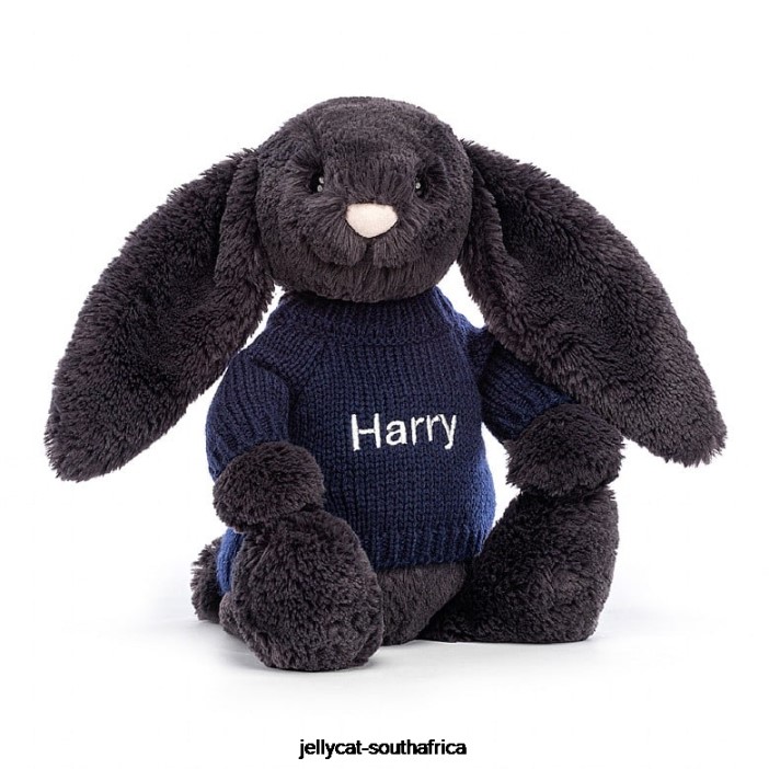514 Toy Bashful y Bunny with Personalised Navy Jumper Ink Jellycat