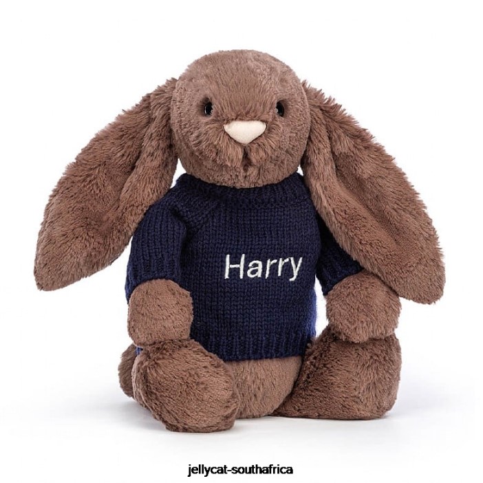 522 Toy Bashful Fudge Bunny with Personalised Navy Jumper Chocolate Jellycat
