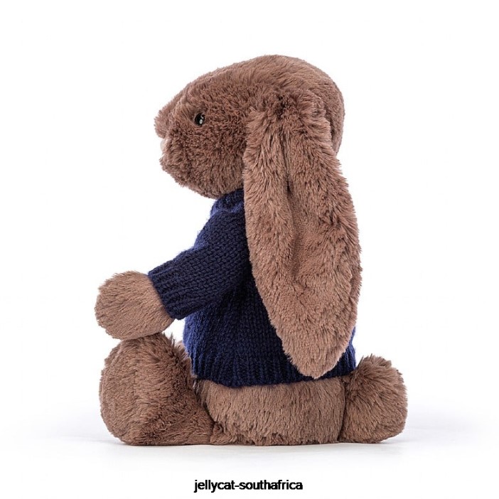 522 Toy Bashful Fudge Bunny with Personalised Navy Jumper Chocolate Jellycat