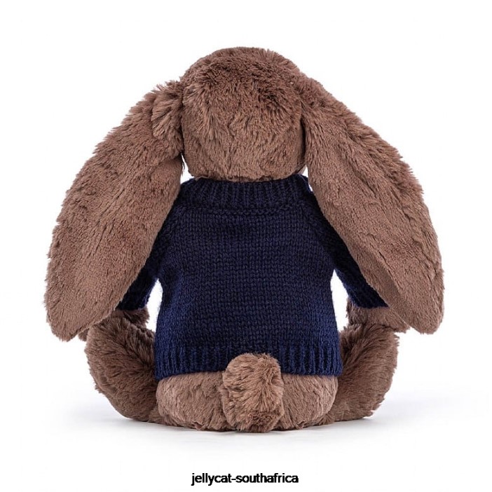 522 Toy Bashful Fudge Bunny with Personalised Navy Jumper Chocolate Jellycat