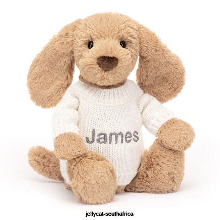 135 Toy Bashful Toffee Puppy with Personalised Cream Jumper Beige Jellycat