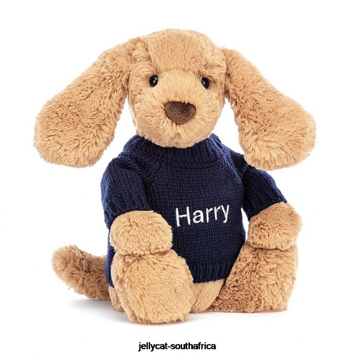 139 Toy Bashful Toffee Puppy with Personalised Navy Jumper Beige Jellycat
