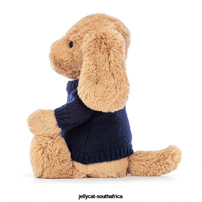 139 Toy Bashful Toffee Puppy with Personalised Navy Jumper Beige Jellycat