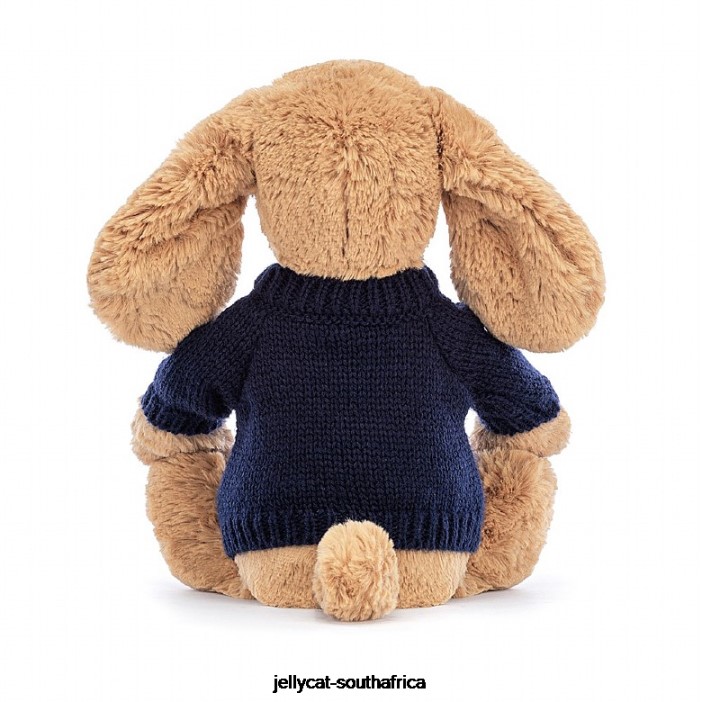 139 Toy Bashful Toffee Puppy with Personalised Navy Jumper Beige Jellycat