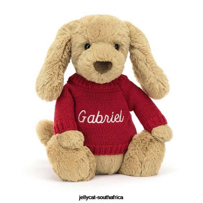 158 Toy Bashful Toffee Puppy with Personalised Red Jumper Beige Jellycat