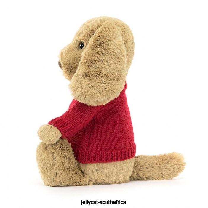 158 Toy Bashful Toffee Puppy with Personalised Red Jumper Beige Jellycat